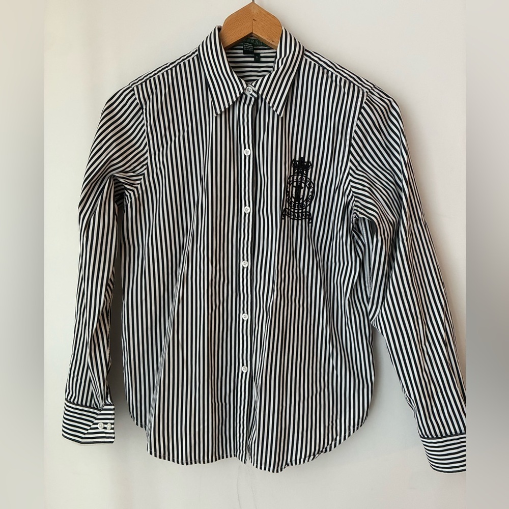 Ralph Lauren Top Women’s Small 100% Cotton Black White Striped Crest 1967